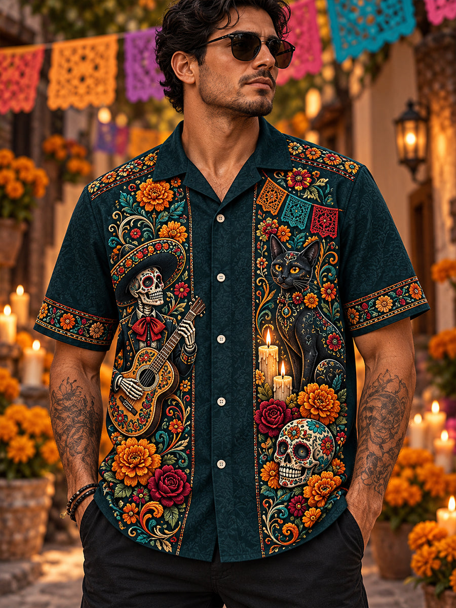 Camisa de manga corta con estampado artístico del Día de los Muertos de México para hombre