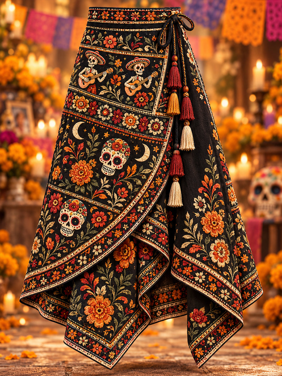 Falda irregular estampada con diseño artístico del Día de los Muertos de México para mujer