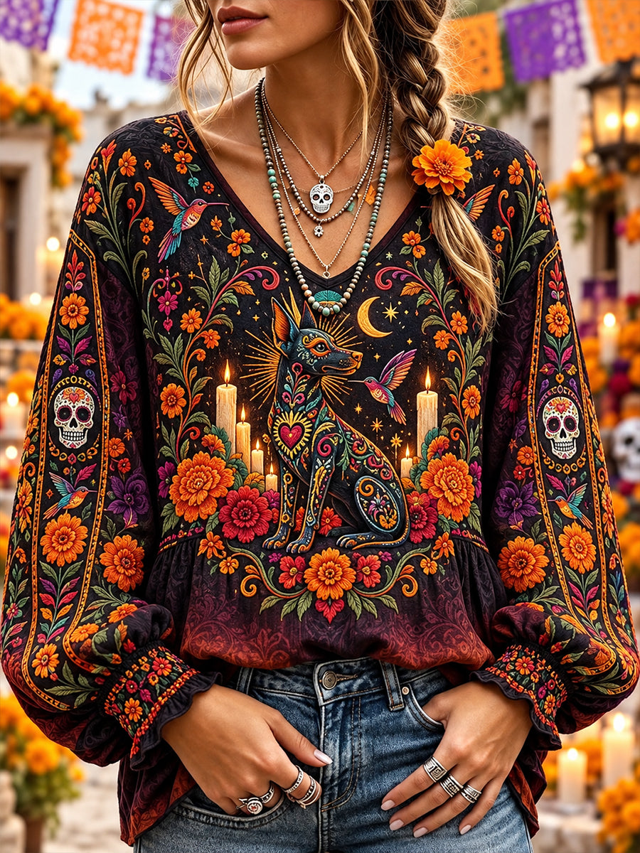Blusa de cuello en V con diseño del Día de los Muertos de México para mujer