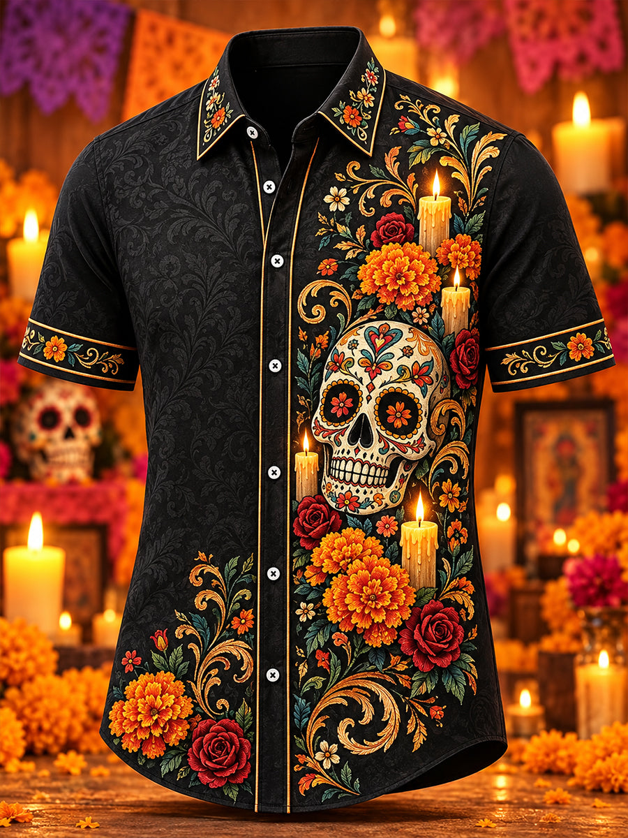 Camisa de manga corta con estampado artístico del Día de los Muertos de México para hombre