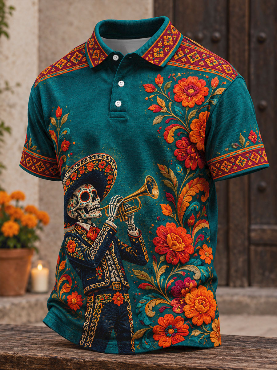Camisetas casuales con estampado floral de arte del Día de los Muertos mexicano para mujer