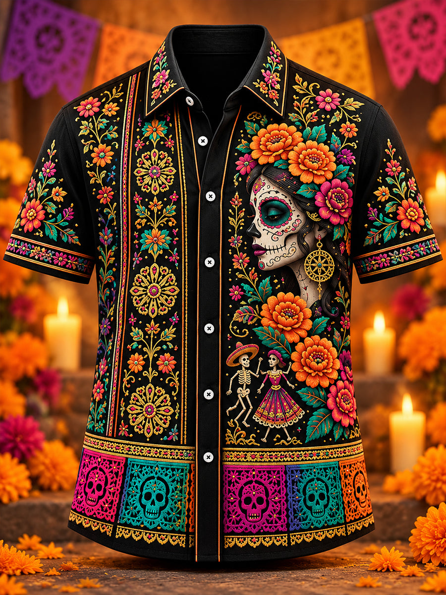 Camisa de manga corta con estampado del Día de los Muertos mexicano para hombre