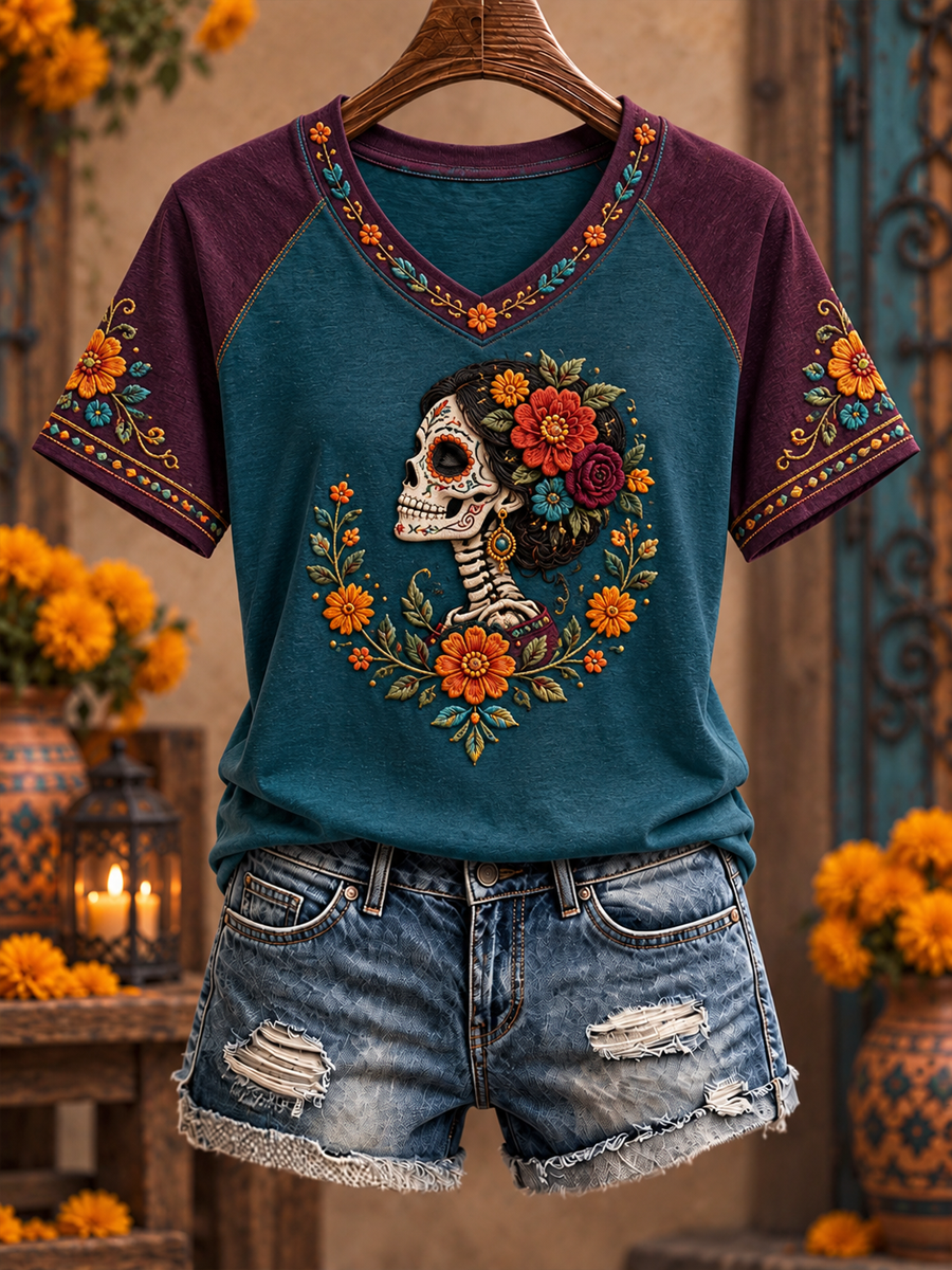 El día de México de las mujeres muertas arte floral impreso v-cuello de la camiseta de manga corta del hombro