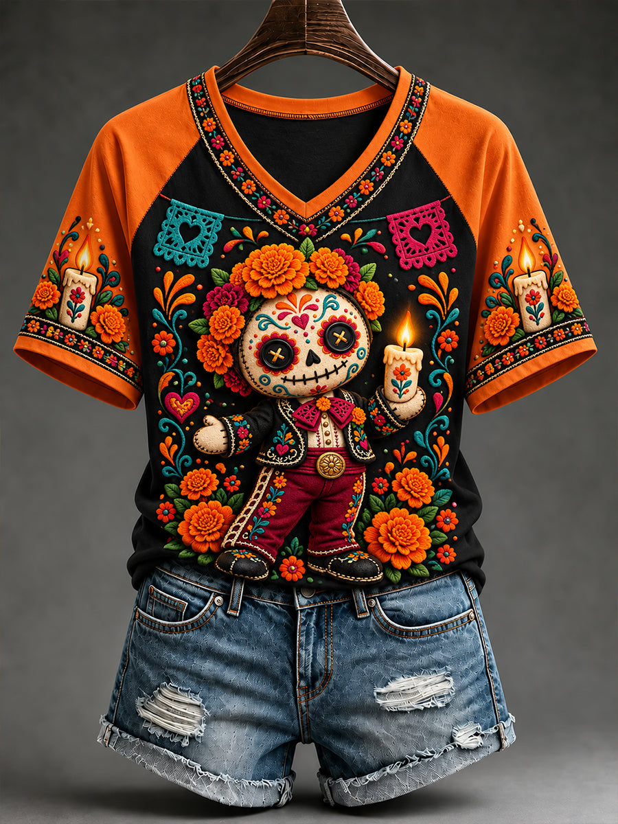 Camiseta de manga corta con cuello en V para mujer, diseño del Día de los Muertos de México