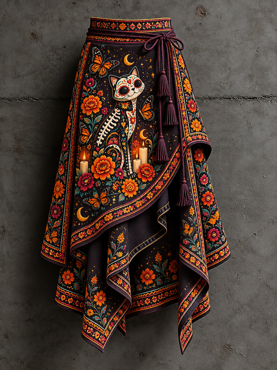 Falda irregular estampada con diseño artístico del Día de los Muertos de México para mujer