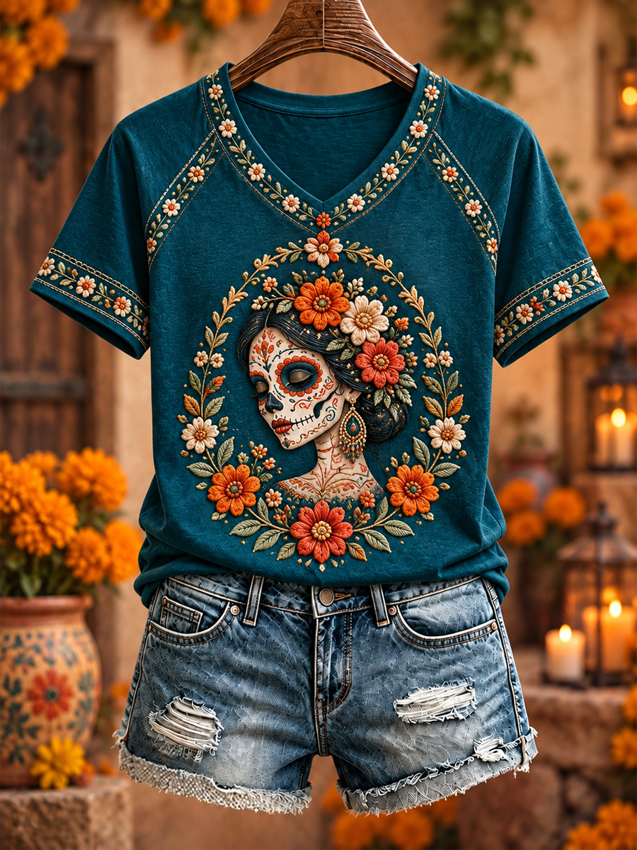 Camiseta de mujer con estampado floral del Día de los Muertos mexicano, cuello en V y manga corta con hombros descubiertos
