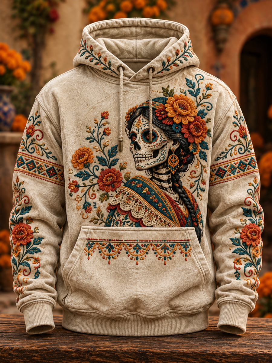 Sudadera con capucha para hombre de México, diseño floral del Día de los Muertos, estampada y con bolsillos