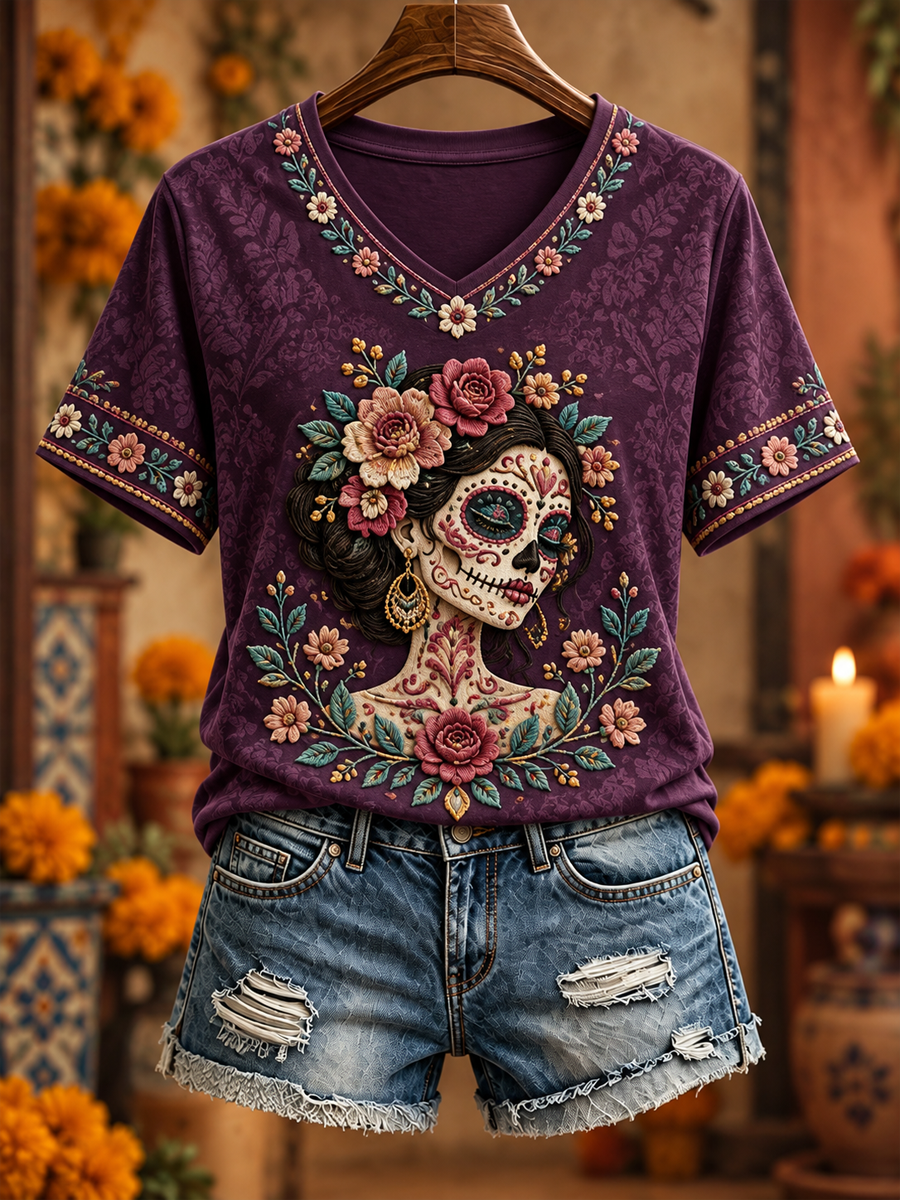 Día de México de las mujeres del arte floral muerto impreso camiseta de manga corta