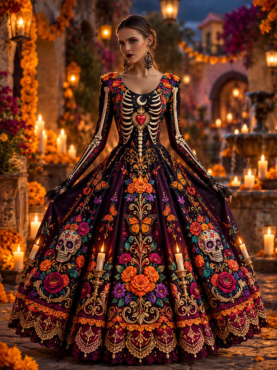 Vestido largo de Día de Muertos mexicano para mujer
