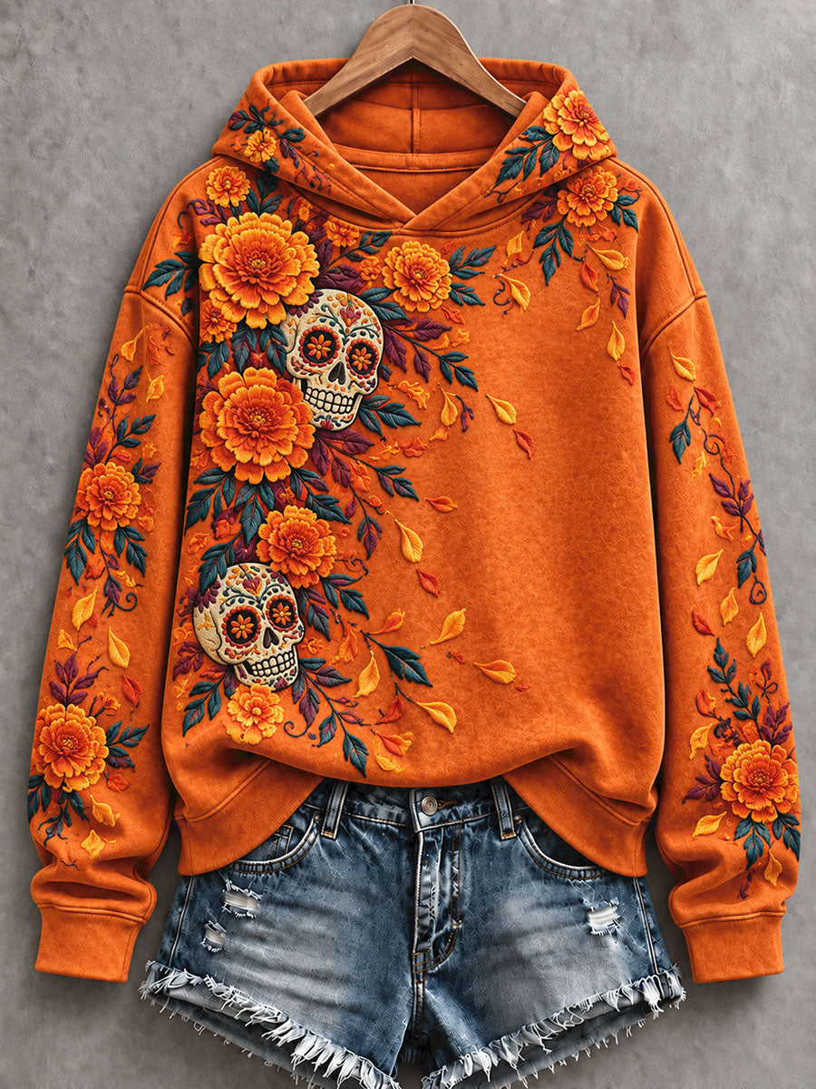 Sudadera con capucha estampada con diseño floral del Día de los Muertos mexicano para mujer