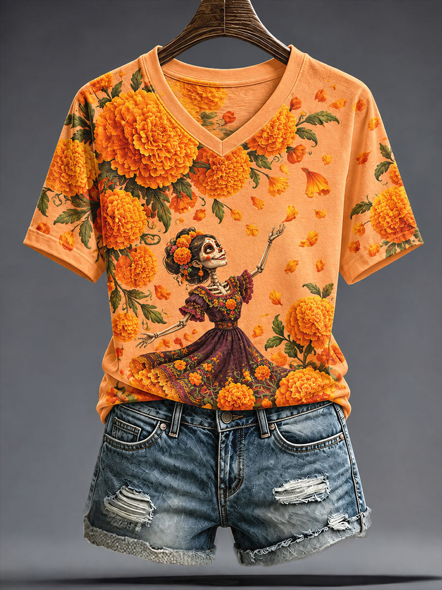 Camiseta estampada con diseño floral del Día de los Muertos mexicano para mujer