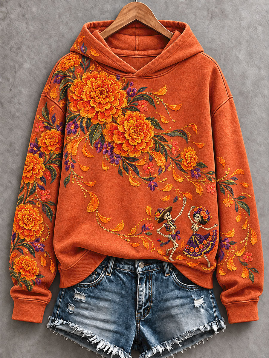 Sudadera con capucha estampada con diseño floral del Día de los Muertos mexicano para mujer