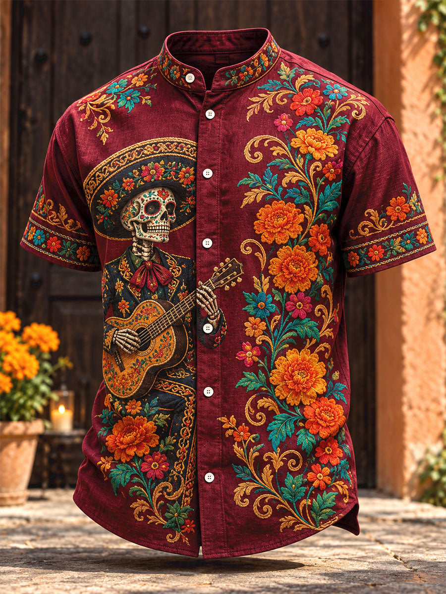 Camisa estampada con diseño floral del Día de los Muertos mexicano para hombre