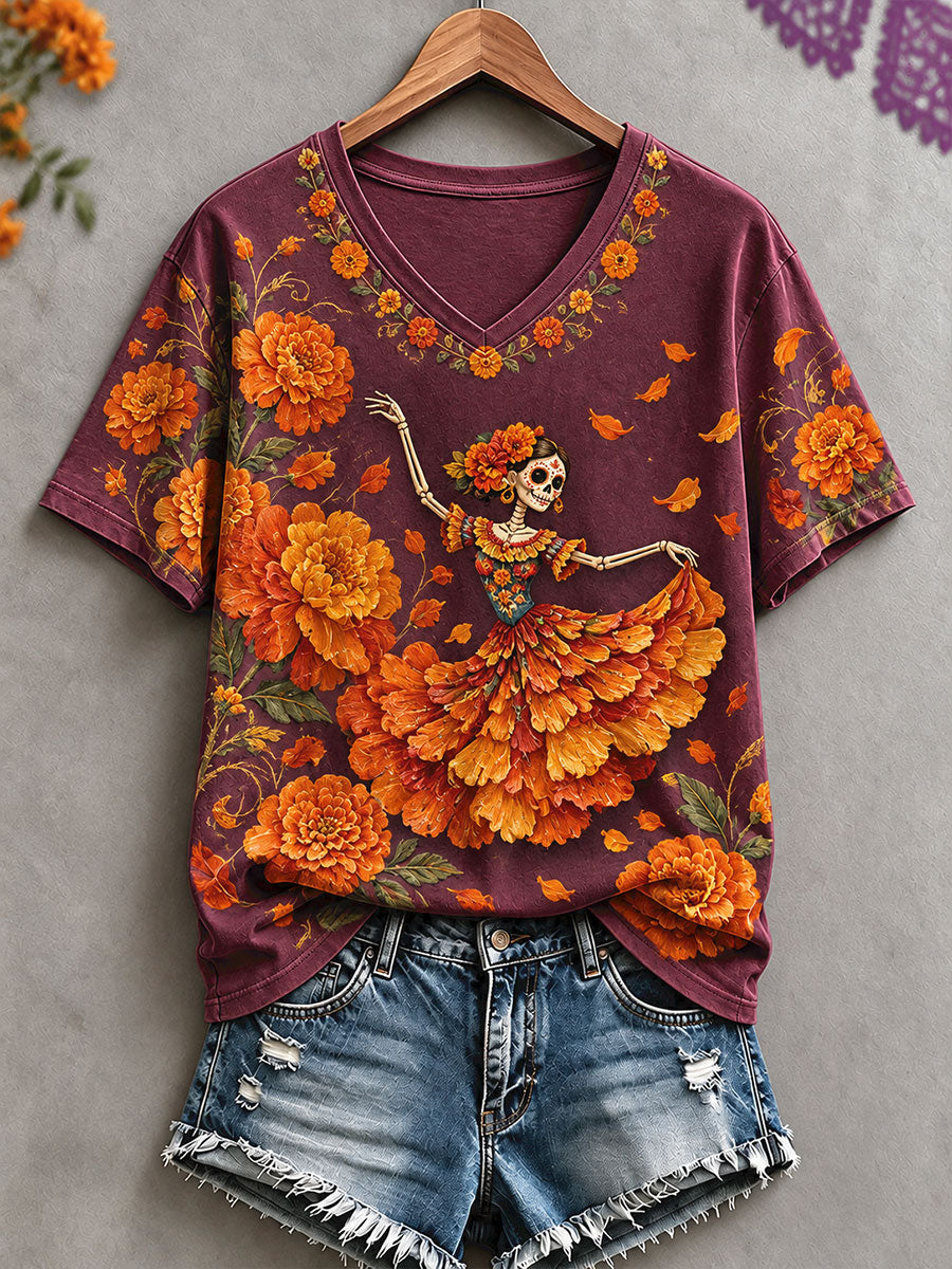 Camiseta estampada con diseño floral del Día de los Muertos mexicano para mujer