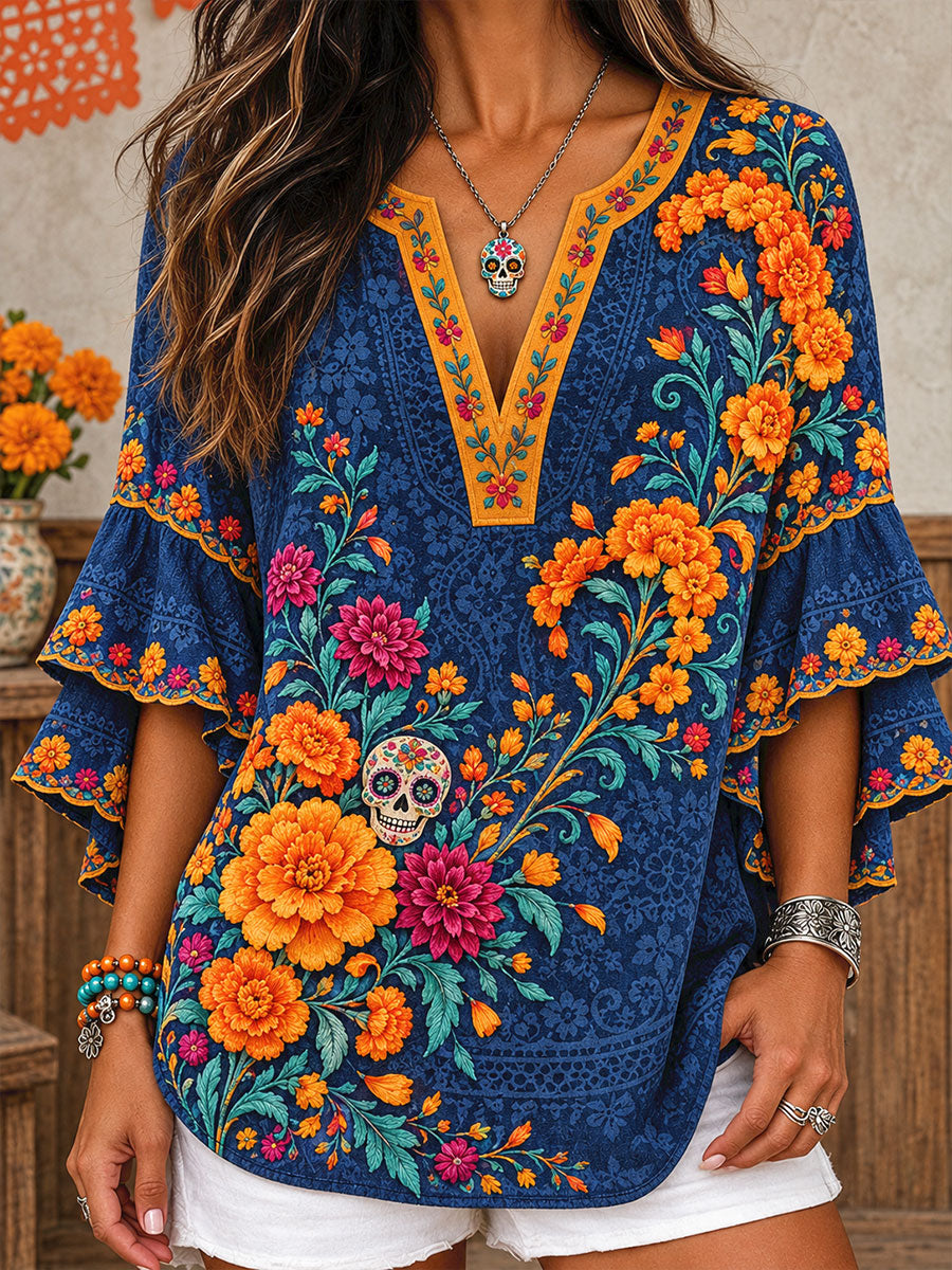 Camisetas estampadas con diseño floral del Día de los Muertos mexicano para mujer