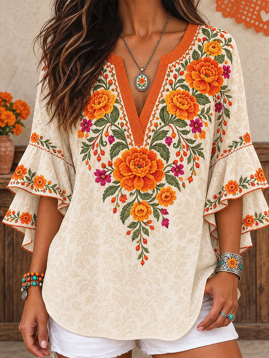 Camisetas estampadas con diseño floral del Día de los Muertos mexicano para mujer
