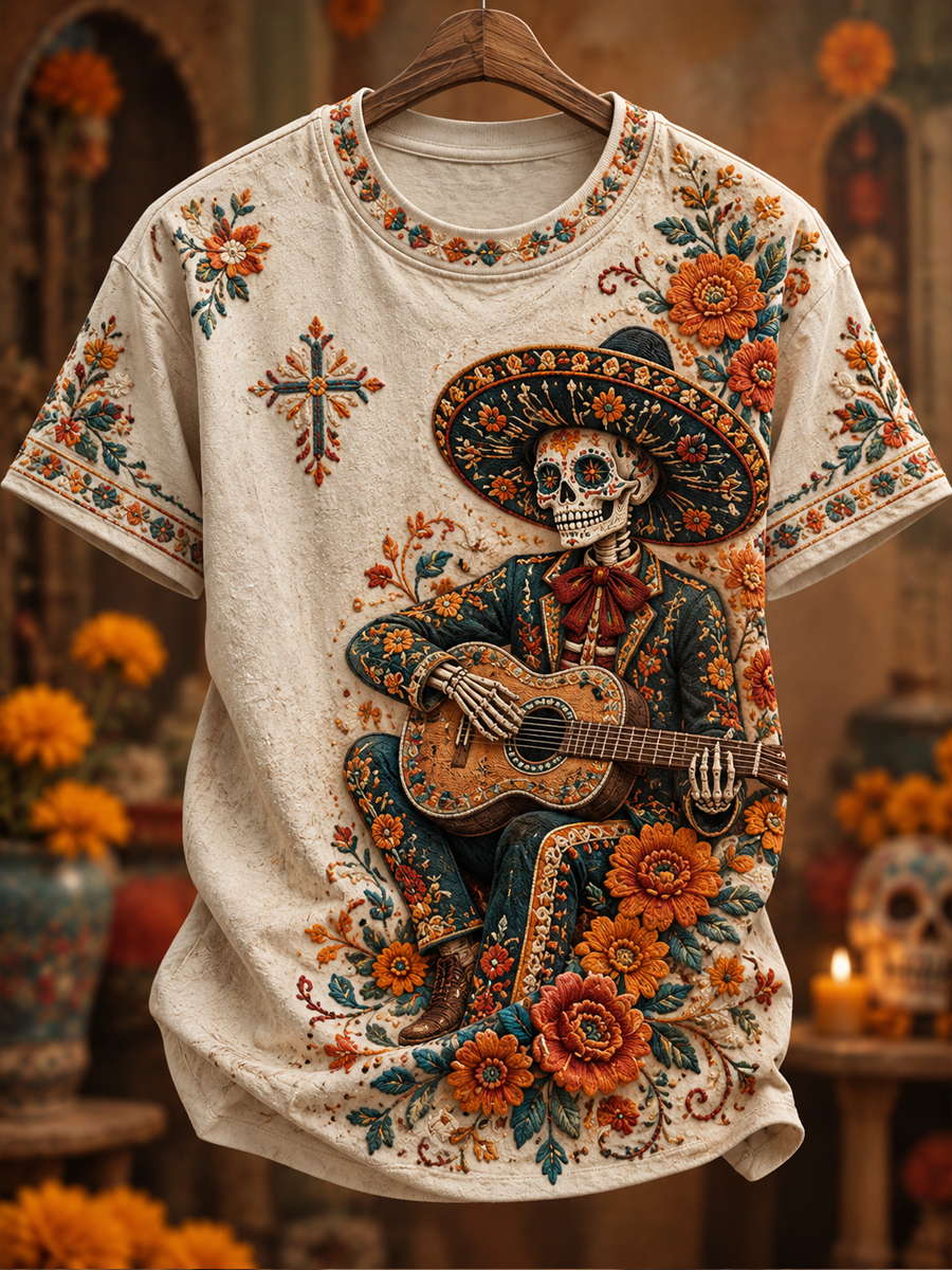 Día de México de los hombres del arte floral muerto impreso camiseta de manga corta