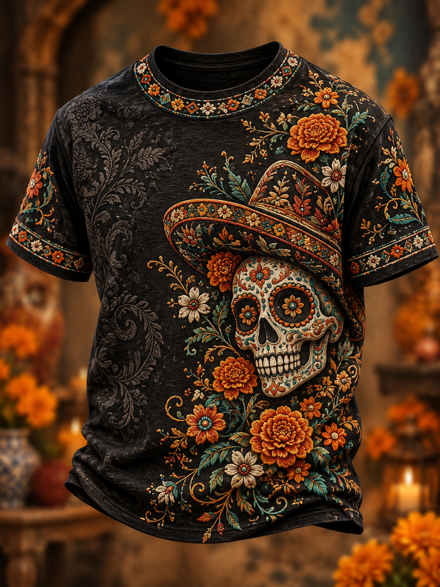 Camiseta de manga corta para hombre con estampado floral del Día de los Muertos mexicano