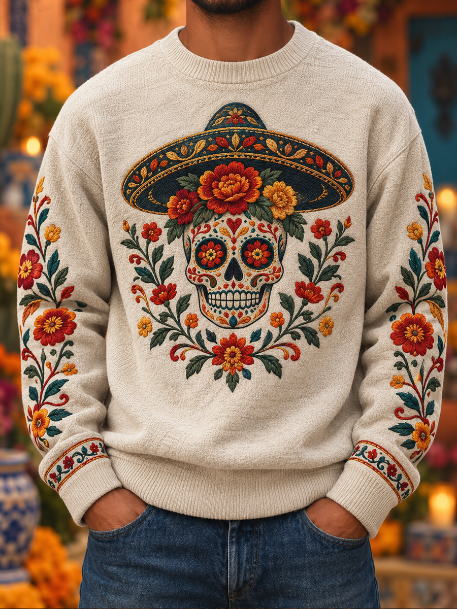 Día de México de los hombres del arte floral muerto impreso suéter de imitación