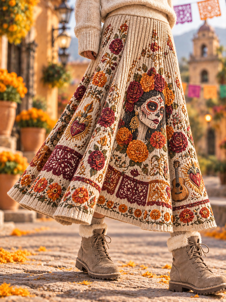 Falda larga por encima de la rodilla con diseño mexicano del Día de los Muertos para mujer