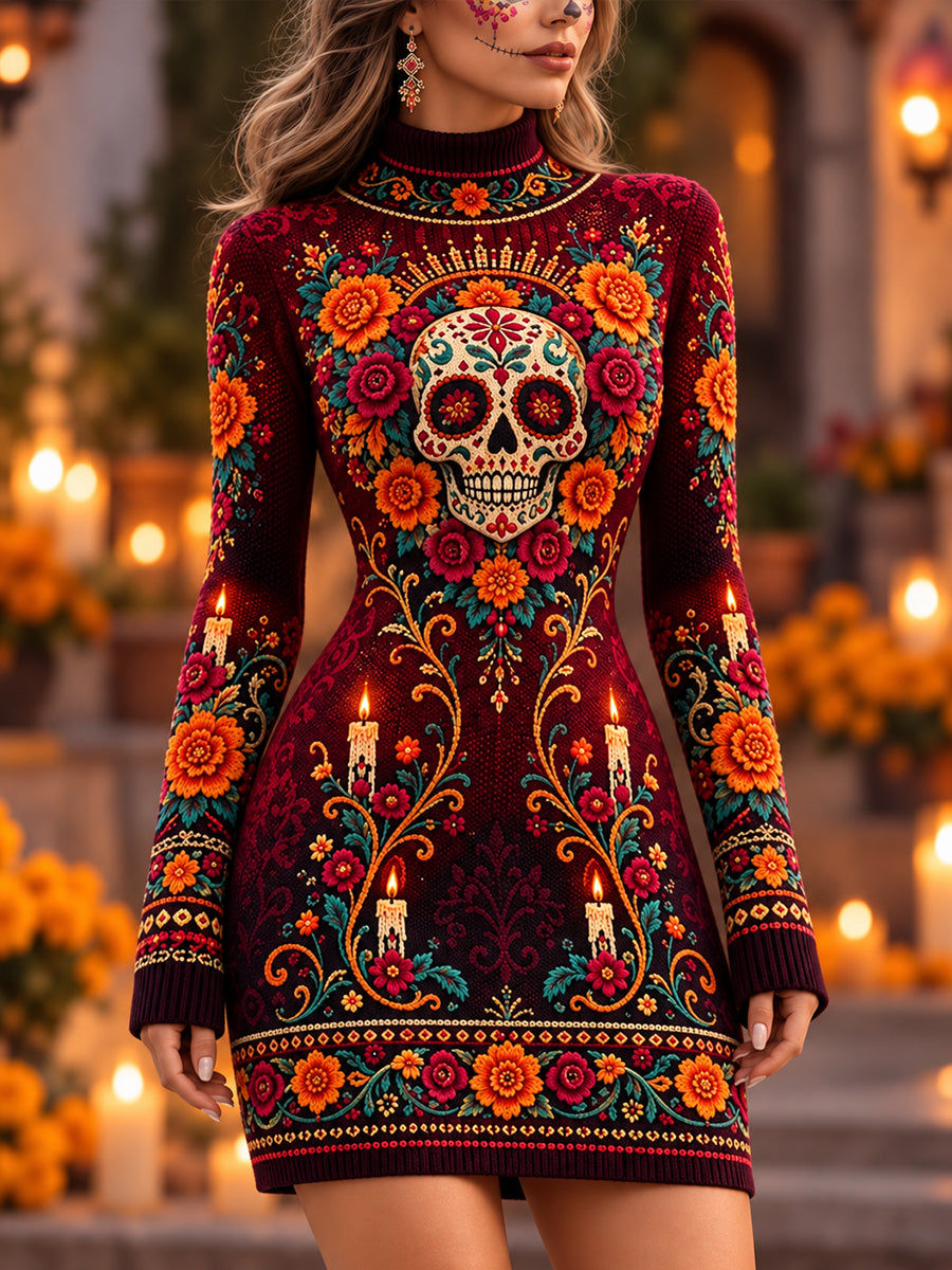 Vestido suéter vintage con estampado mexicano del Día de los Muertos para mujer