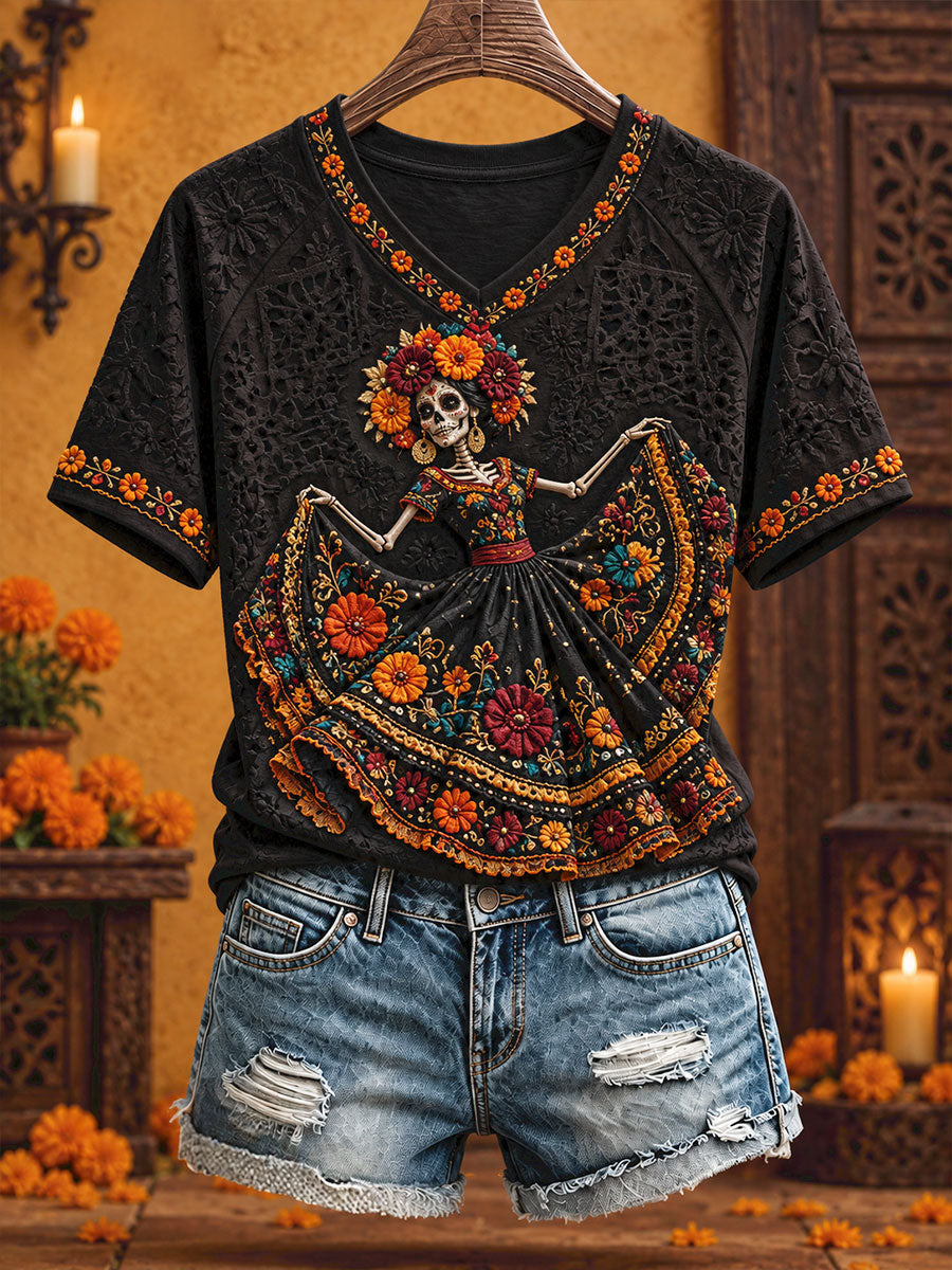 Camiseta estampada con diseño floral del Día de los Muertos mexicano para mujer