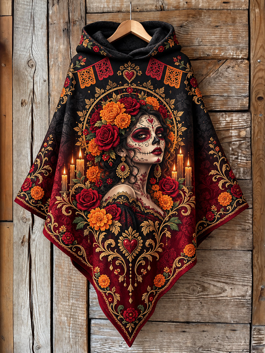 Suéter tipo capa con diseño del Día de los Muertos de México para mujer