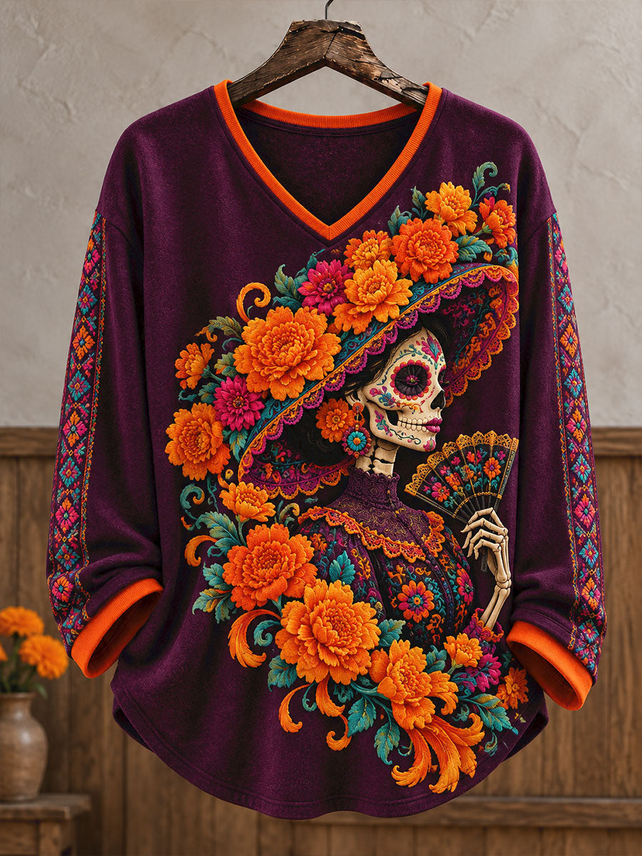 Camisetas estampadas con diseño floral del Día de los Muertos mexicano para mujer