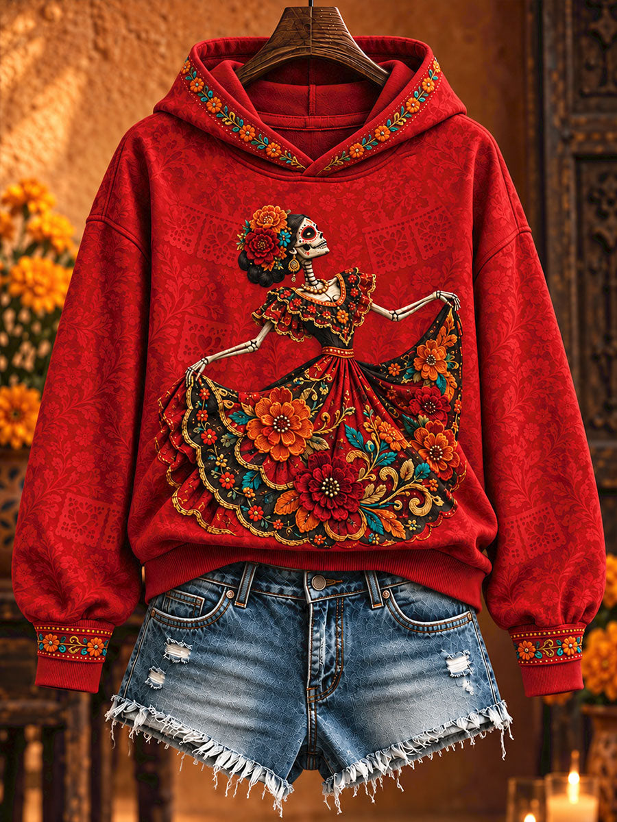 Sudadera con capucha estampada con diseño floral del Día de los Muertos mexicano para mujer