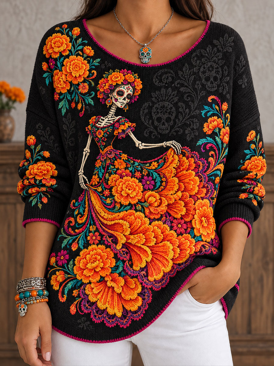 Camisetas estampadas con diseño floral del Día de los Muertos mexicano para mujer