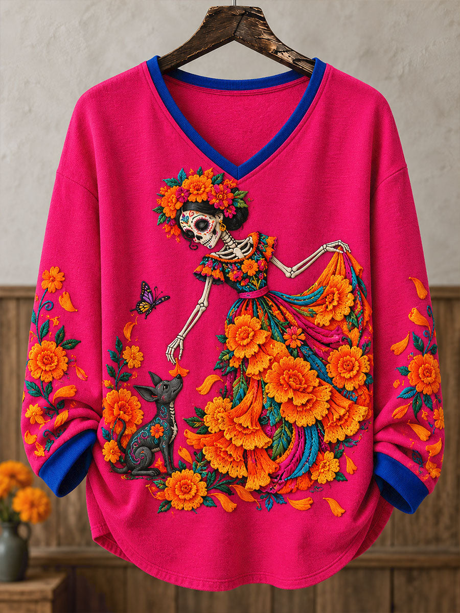 Camisetas estampadas con diseño floral del Día de los Muertos mexicano para mujer