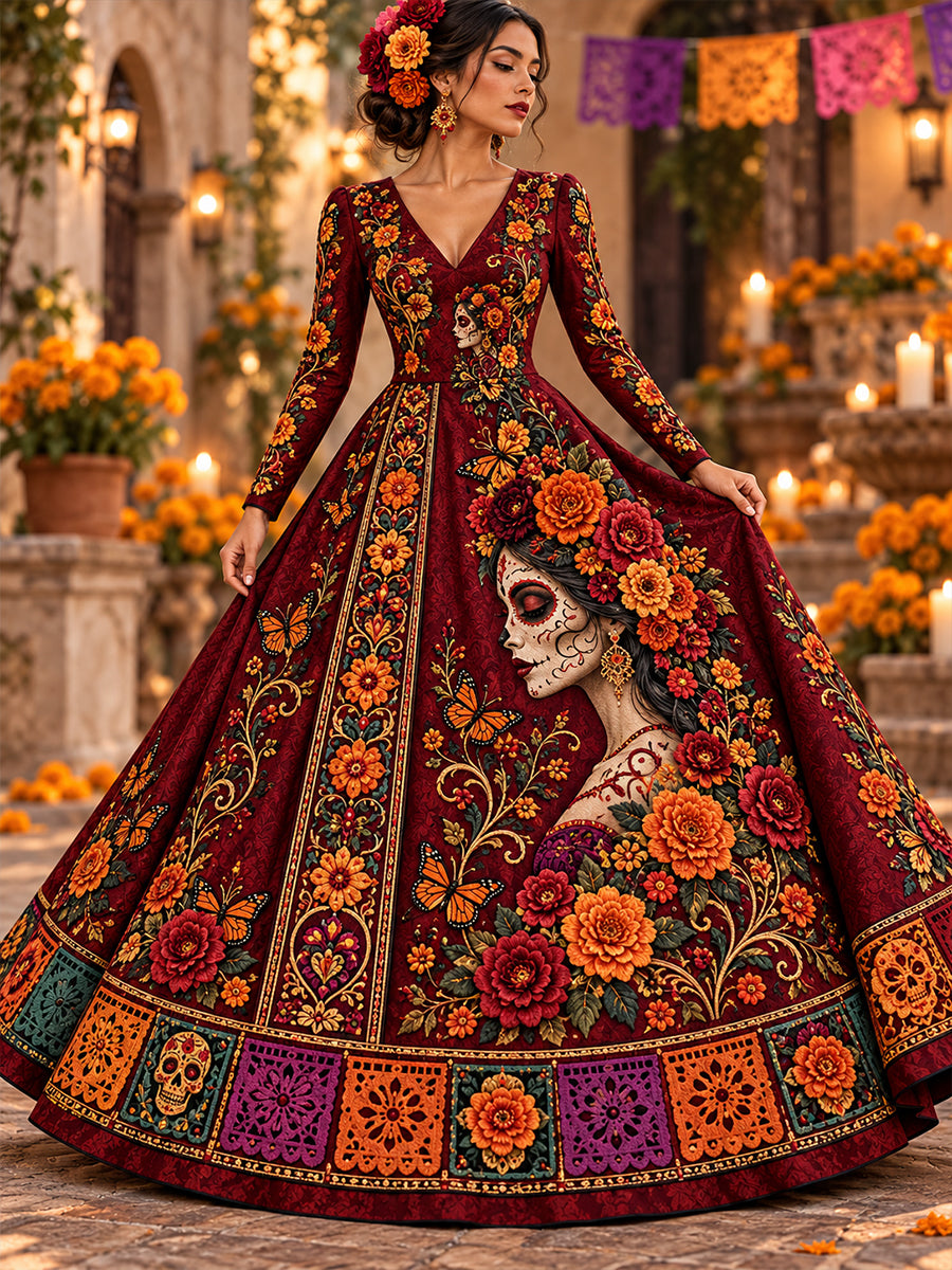 Vestido Largo Mexicano Día de los Muertos para Mujer
