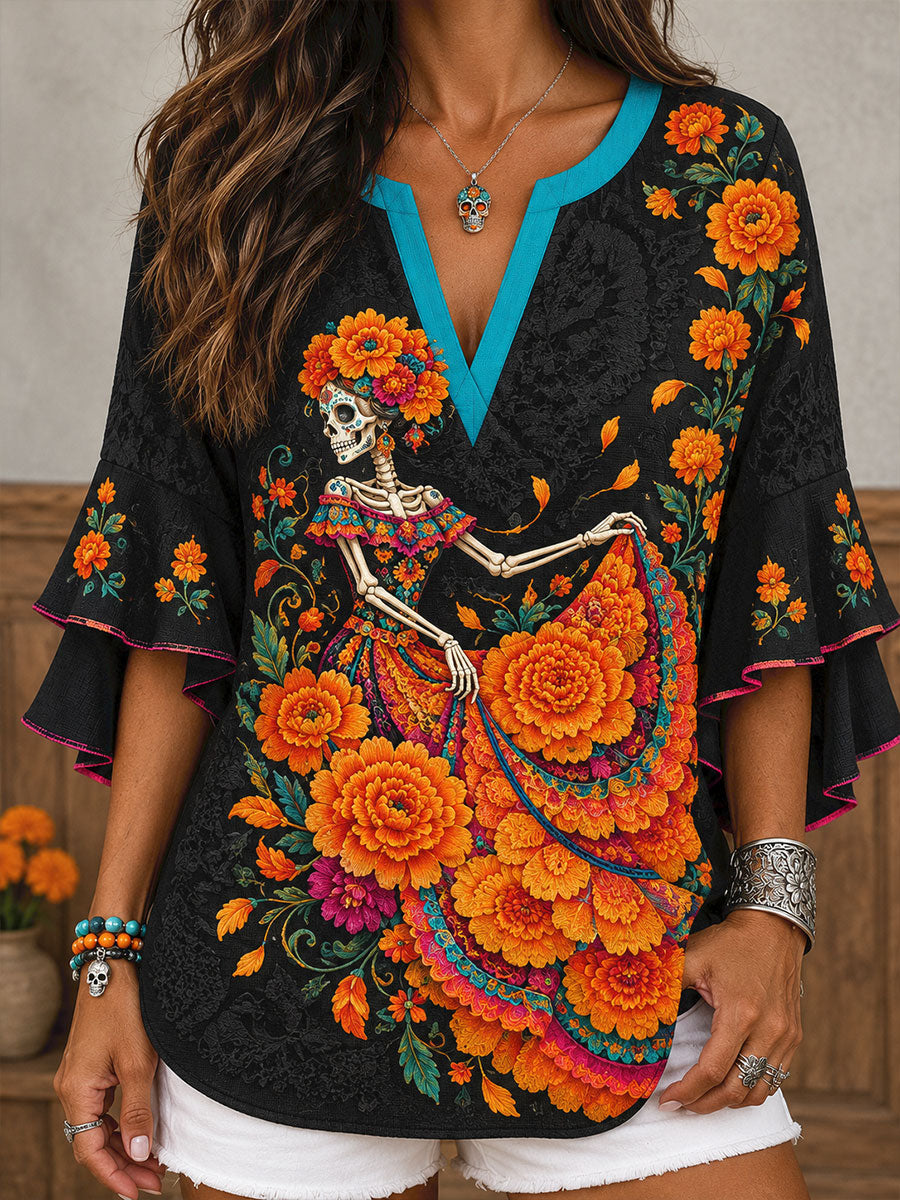 Camisetas estampadas con diseño floral del Día de los Muertos mexicano para mujer