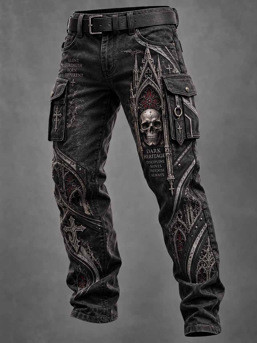 Pantalones cargo para hombre con estampado de calavera y arquitectura gótica vintage