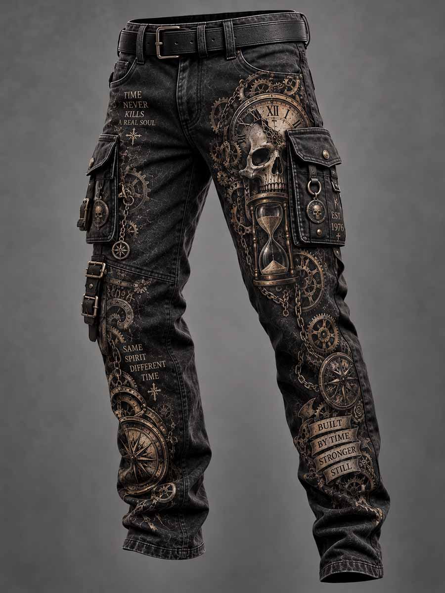 Pantalones cargo para hombre con estampado de calavera y arquitectura gótica vintage