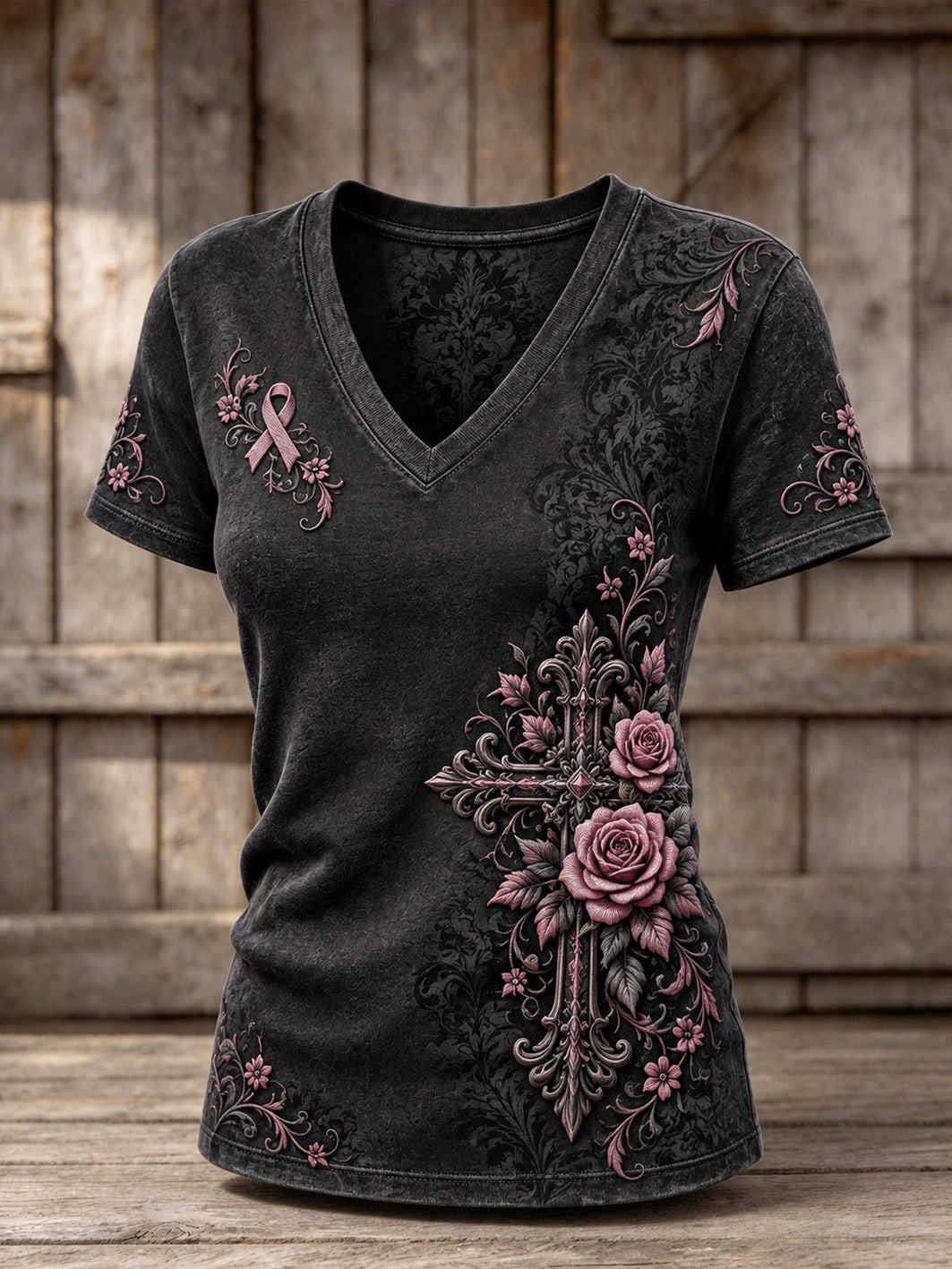 Camiseta informal de manga corta con diseño estampado de cruz y cinta rosa de la asociación benéfica para mujer