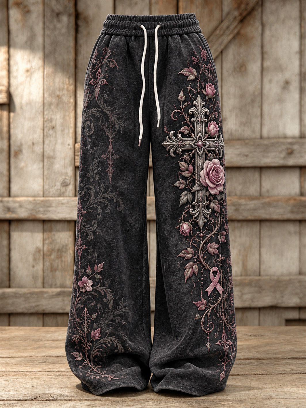 Pantalones deportivos casuales para mujer con diseño de cruz y cinta rosa de la asociación benéfica