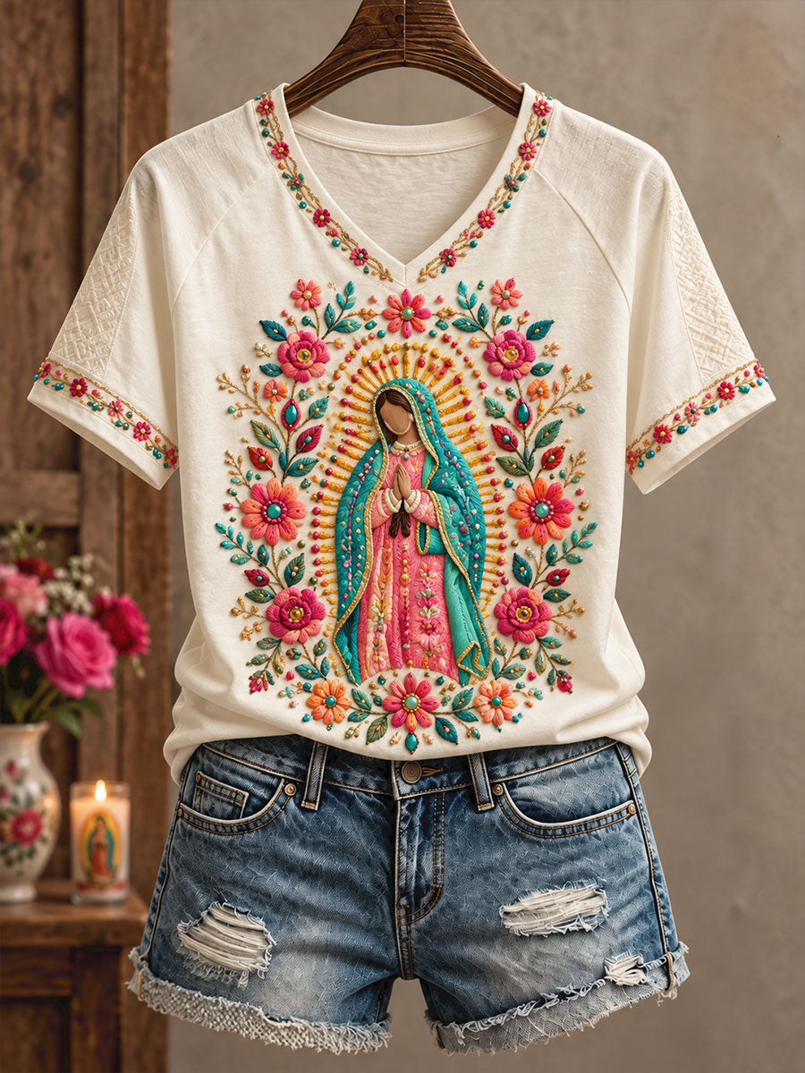 Camiseta estampada con diseño artístico del Día de Nuestra Señora de Guadalupe en México para mujer