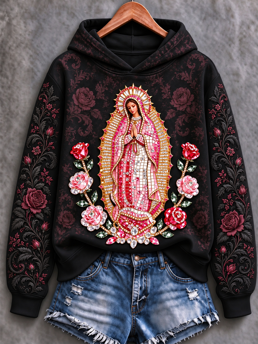Sudadera estampada de corte clásico con diseño artístico de la Fiesta de Nuestra Señora de Guadalupe para mujer
