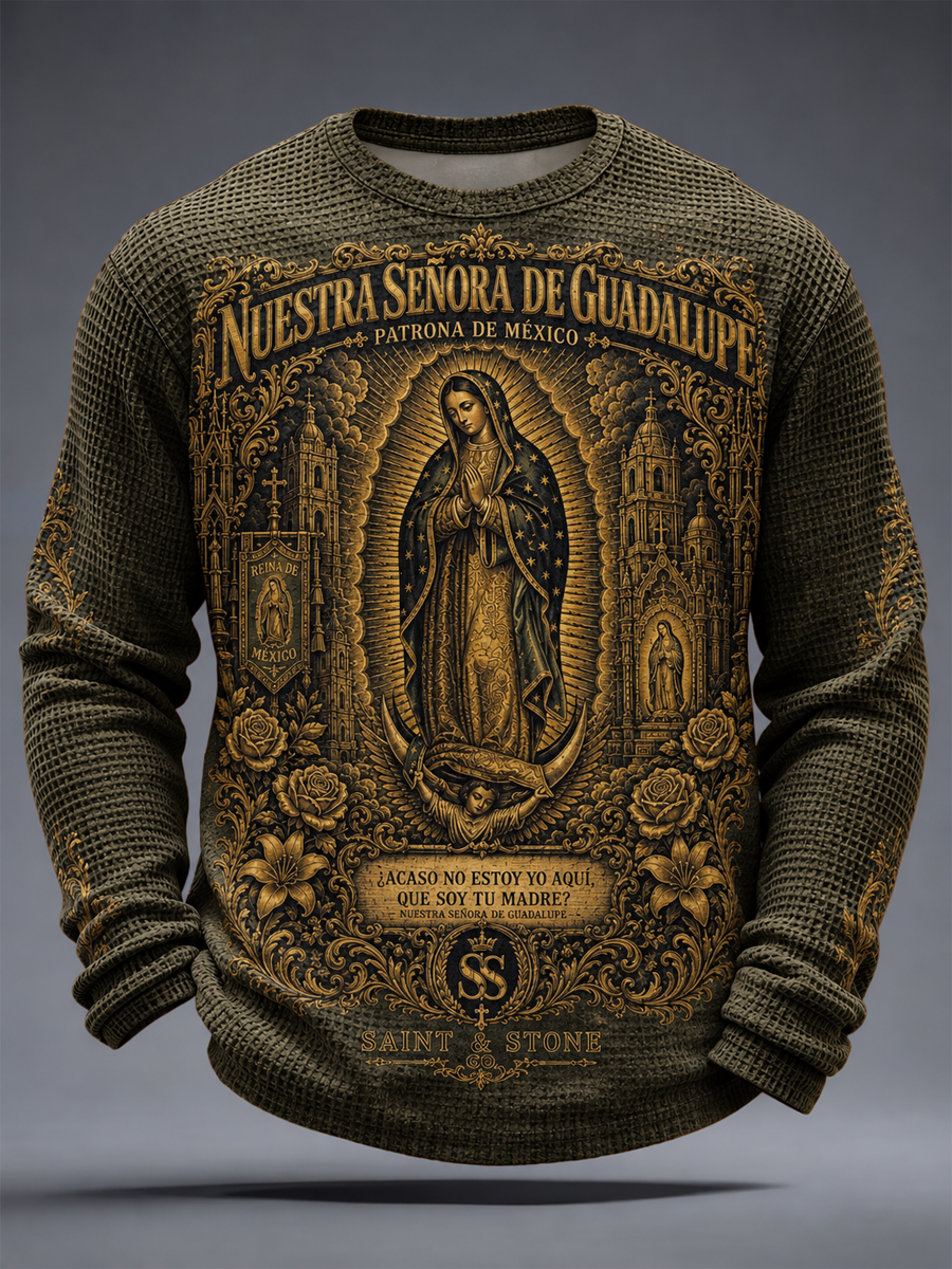 Fiesta de los hombres de Nuestra Señora de Guadalupe arte Impreso Waffle Camiseta de manga larga