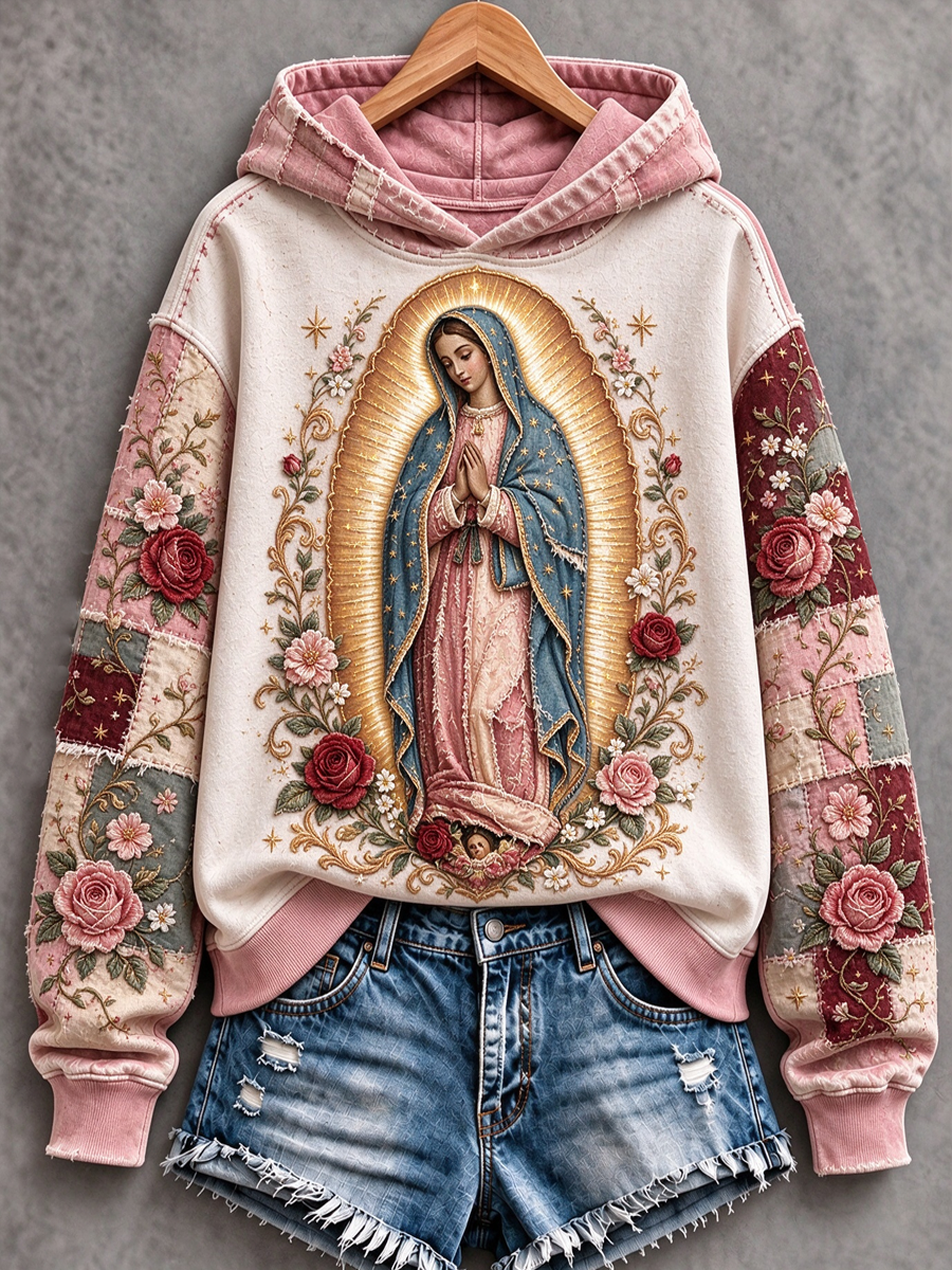 Sudadera estampada de corte clásico con diseño artístico de la Fiesta de Nuestra Señora de Guadalupe para mujer