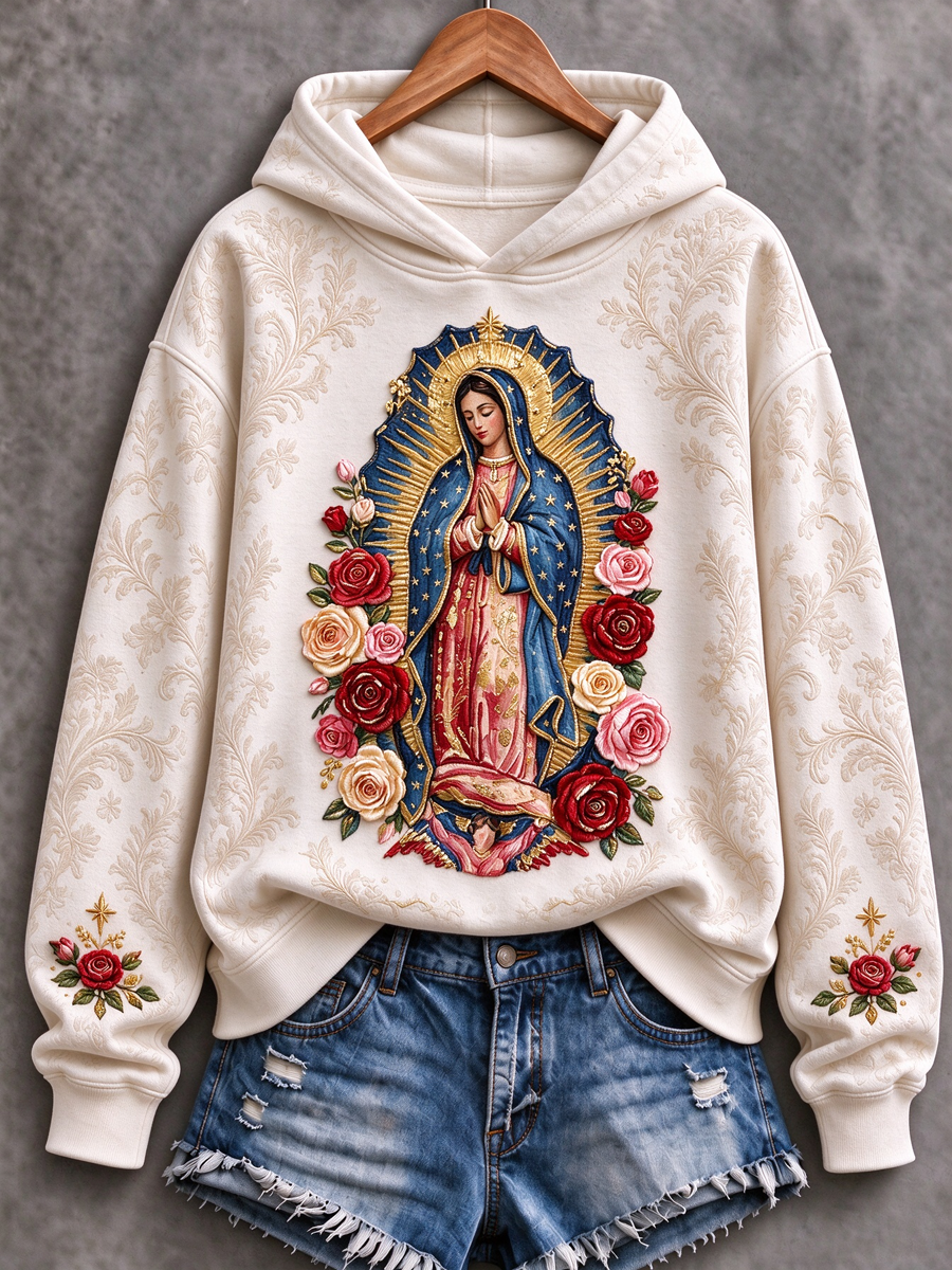 Sudadera estampada de corte clásico con diseño artístico de la Fiesta de Nuestra Señora de Guadalupe para mujer