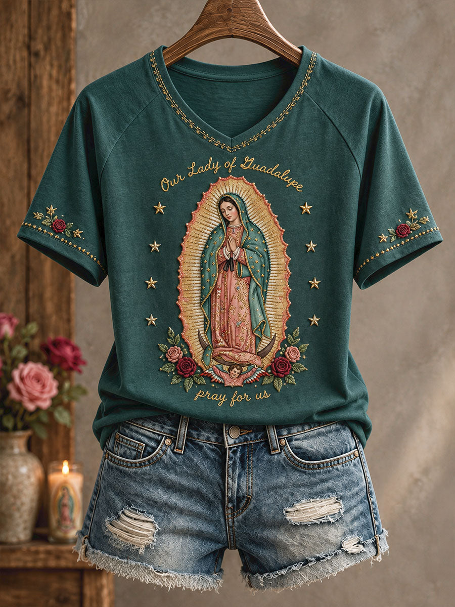 Camiseta estampada con diseño artístico del Día de Nuestra Señora de Guadalupe en México para mujer
