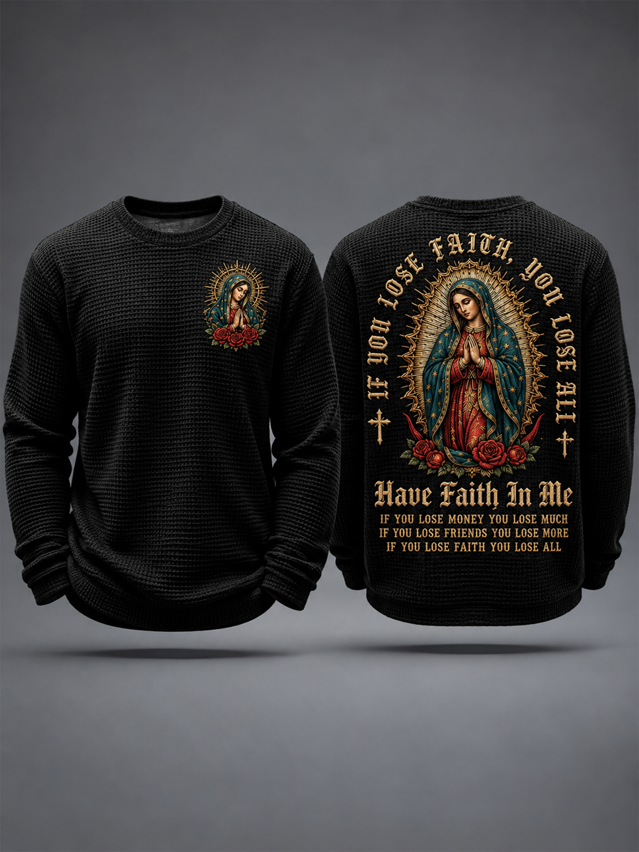 Camiseta de manga larga de gofre estampada con diseño artístico de la Fiesta de Nuestra Señora de Guadalupe para hombre
