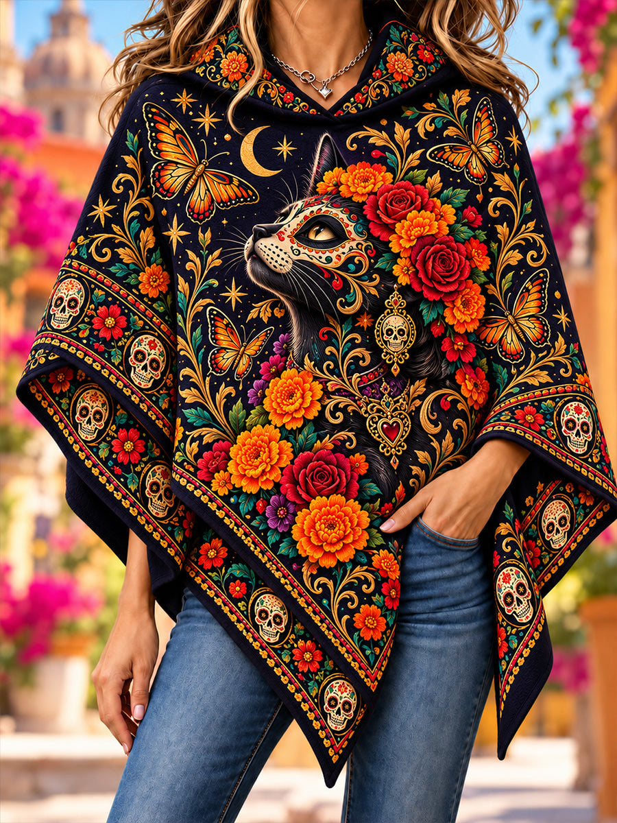 Suéter tipo capa con diseño del Día de los Muertos de México para mujer