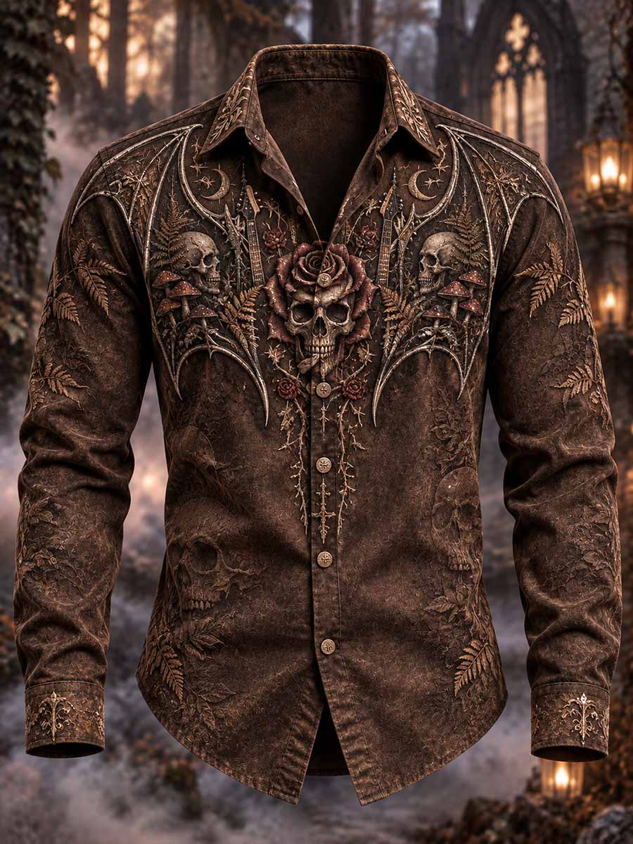 Patrón gótico del cráneo de la roca del bosque de los hombres impreso Camisa
