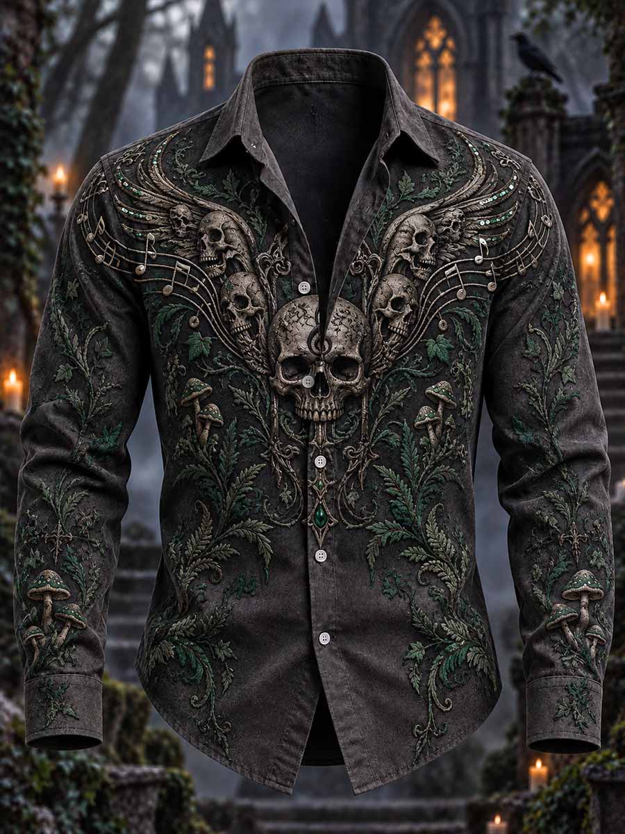 Camisa estampada con diseño de calavera gótica, bosque y rock para hombre