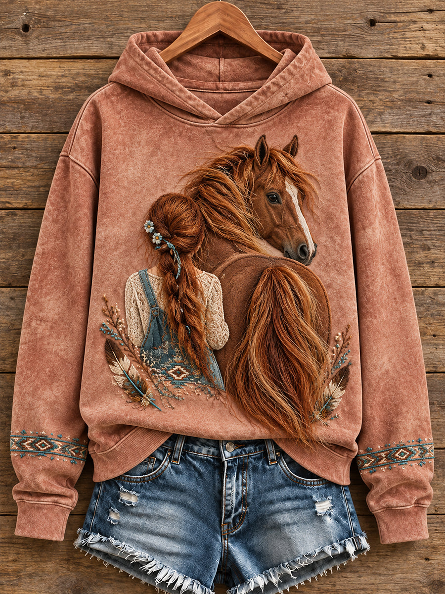 Sudadera con capucha estampada con diseño vintage de caballos para amantes del estilo vaquero femenino
