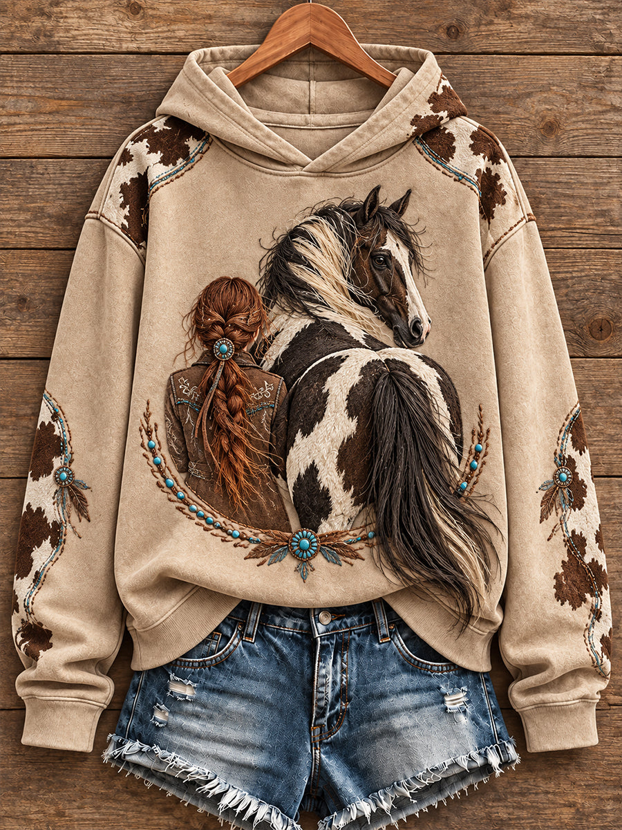 Sudadera con capucha estampada con diseño vintage de caballos para amantes del estilo vaquero femenino