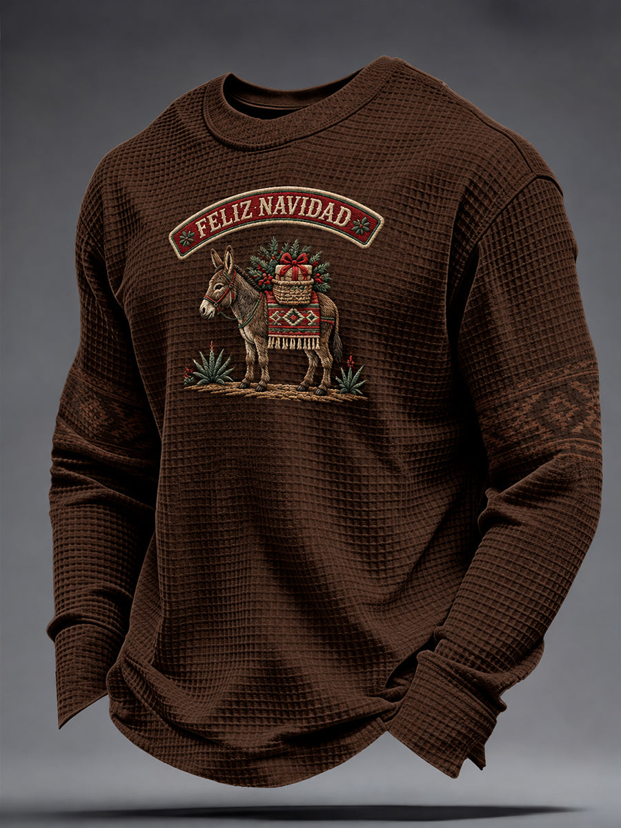 Sudadera de waffle estampada con diseño navideño mexicano para hombre